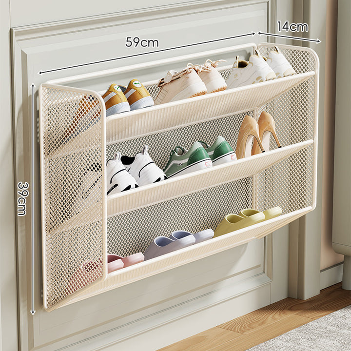 Wall-Mounted Fold-Down Mesh Shoe Shelf Organizer for Slim Entryways