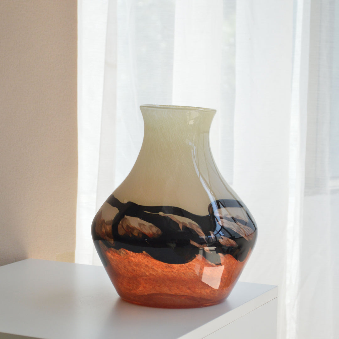 Contemporary Bulbous Mouth-Blown Glass Accent Vase with Marbled Swirl