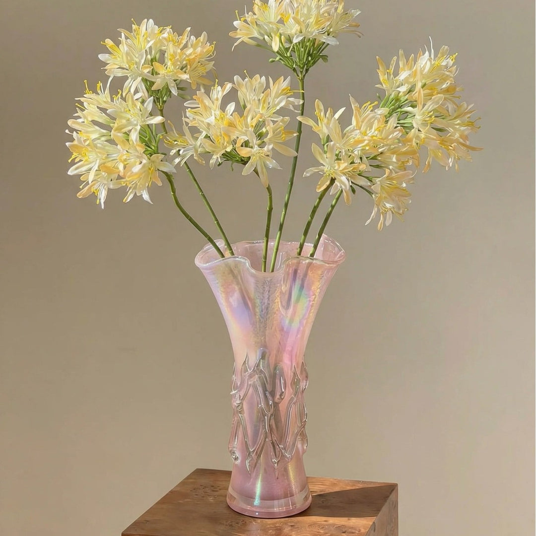 Iridescent Hand-Blown Sculptural Ruffled-Rim Art Glass Vase