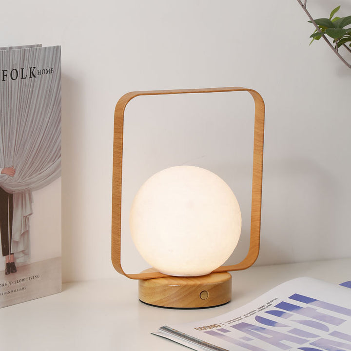Moon Globe Ambient Table Lamp with Wooden Base and Copper Frame