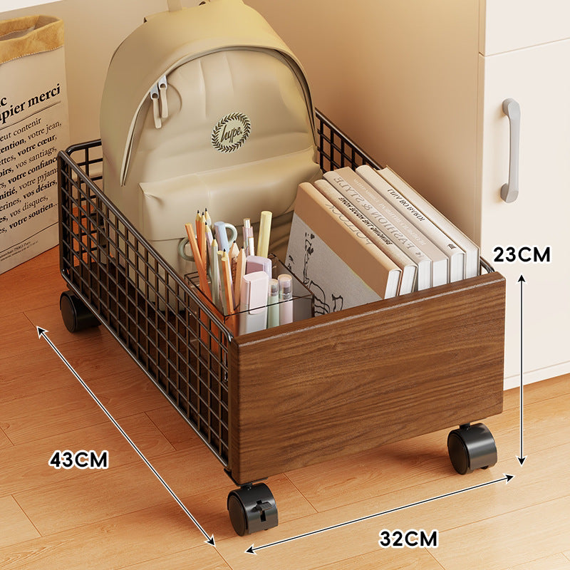 Mobile Under-Desk Wire Mesh Storage Drawer with Wooden Panels
