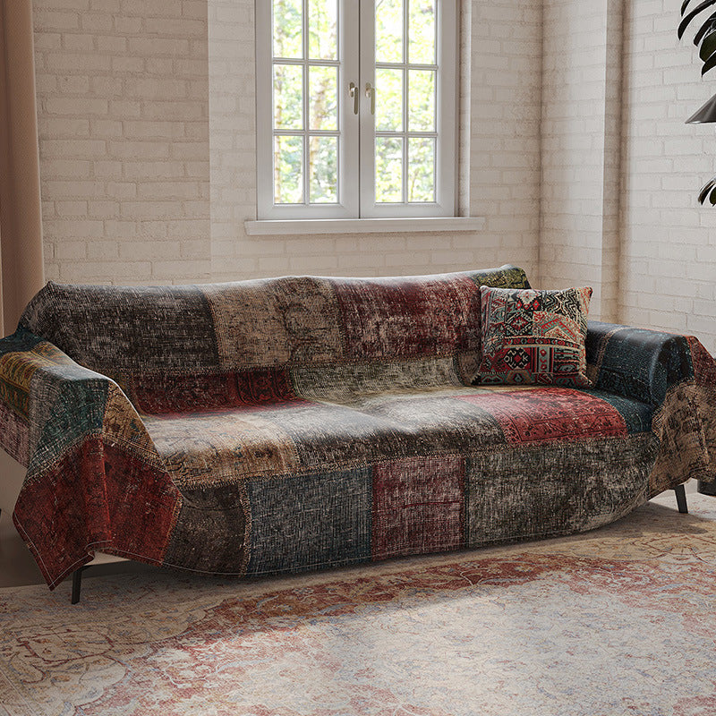 Patchwork Vintage-Style Reversible Sofa Slipcover with Matching Pillow Cover