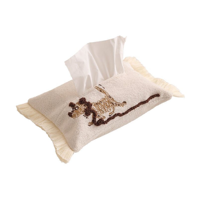 Plush tissue box cover with llama embroidery and decorative fringes