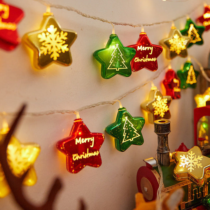 Festive string lights with Christmas ornaments