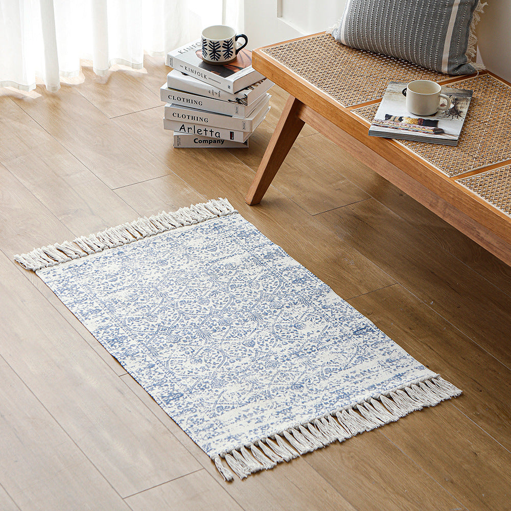 Woven vintage rug runner with fringes and oriental used look