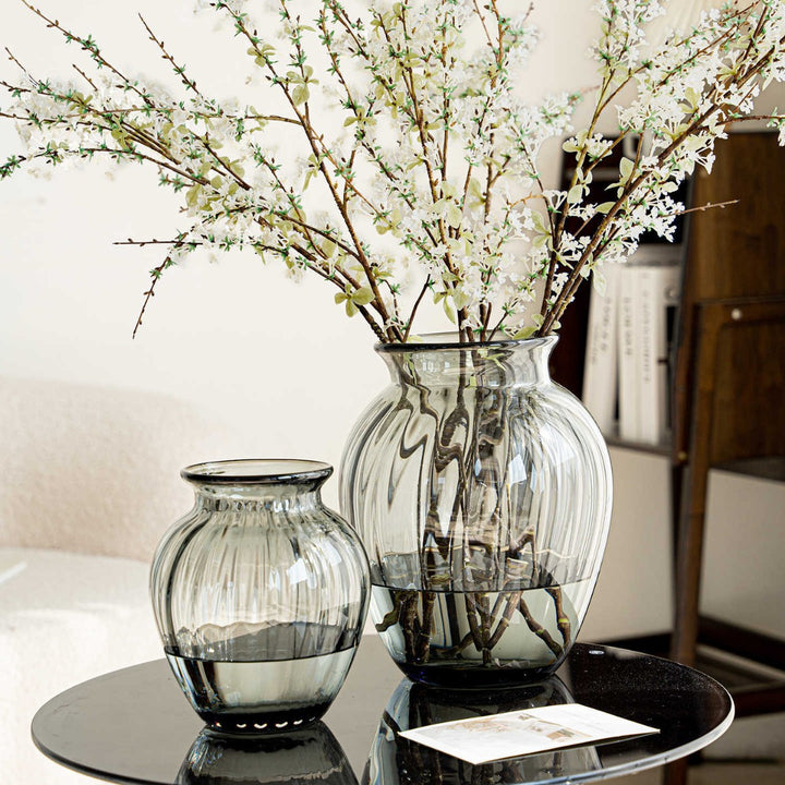 Compact Ribbed Hand-Blown Glass Tabletop Vase