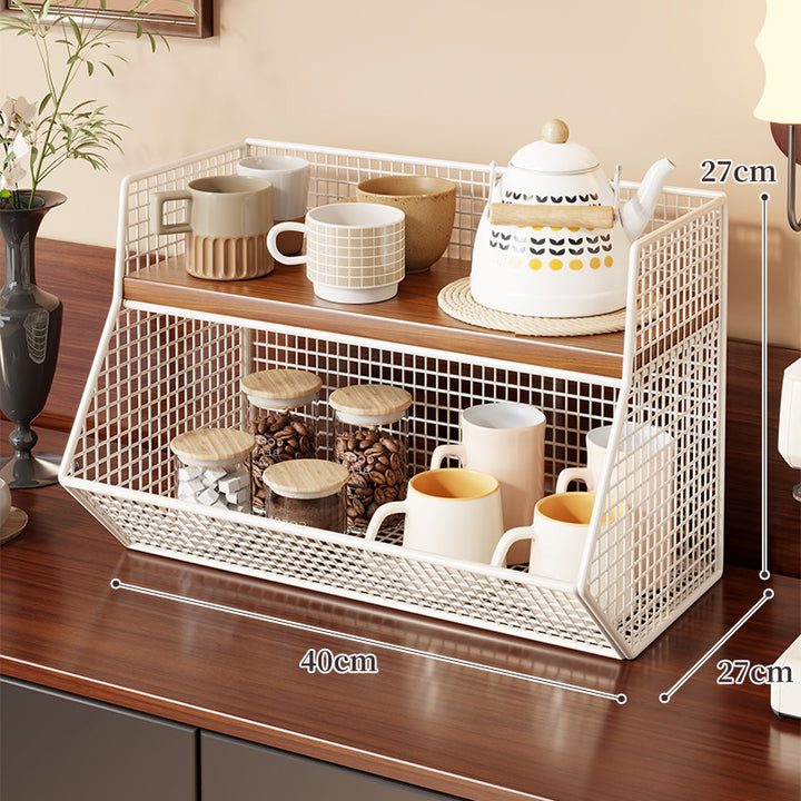 Two-Level Angled Wire Mesh Countertop Organizer with Wood-Effect Top Shelf and Front Drop Bins