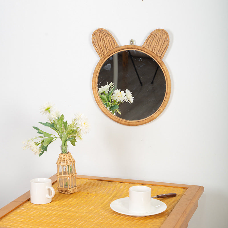 Round Wall Mirror with Rattan Design