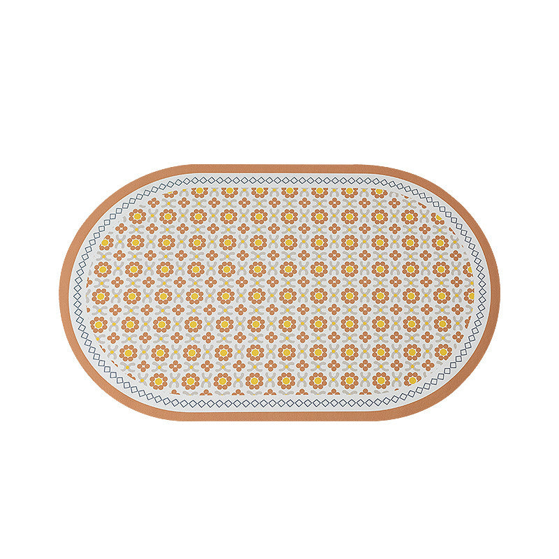 Oval non-slip vinyl mat with fine mosaic print and water-repellent surface