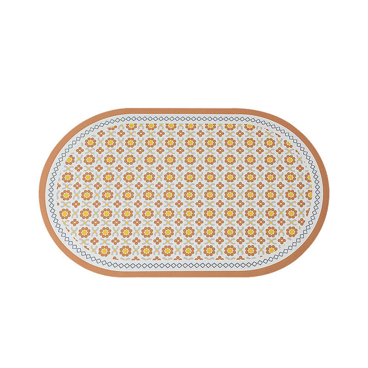 Oval non-slip vinyl mat with fine mosaic print and water-repellent surface