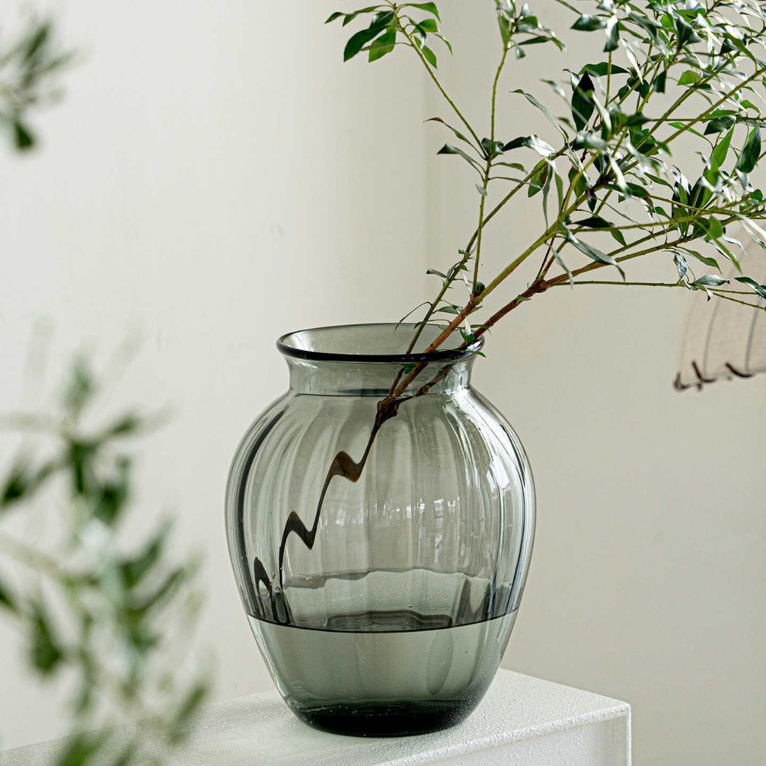 Compact Ribbed Hand-Blown Glass Tabletop Vase