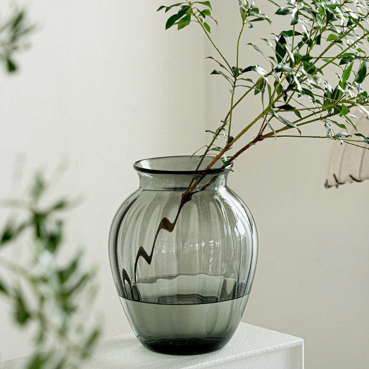 Compact Ribbed Hand-Blown Glass Tabletop Vase