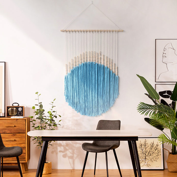 Decorative wall art with wooden beads and thread pendulum