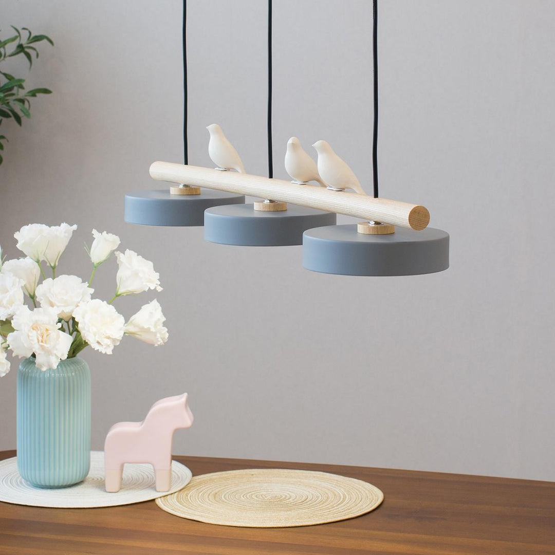 Triple Light Scandinavian Wood Beam Pendant Lamp with Ceramic Bird Accents