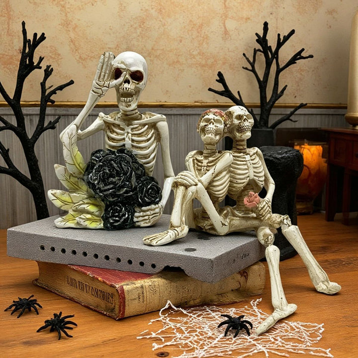 Stylish skeleton figure with top hat and black rose
