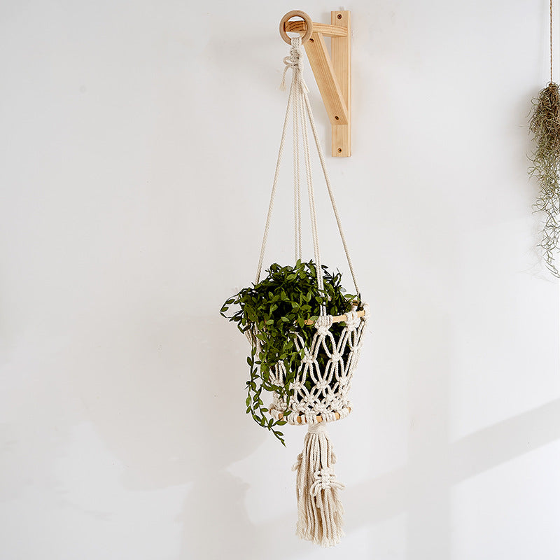 Macrame Hanging Planter with Wooden Accents