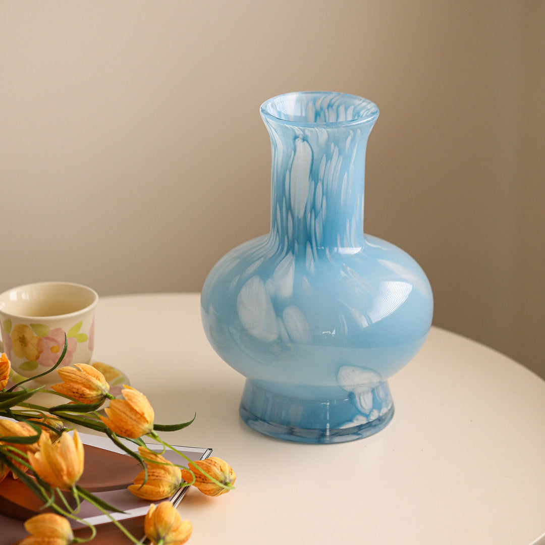 Hand-Blown Marbled Bulbous Glass Decorative Vase with Tall Neck