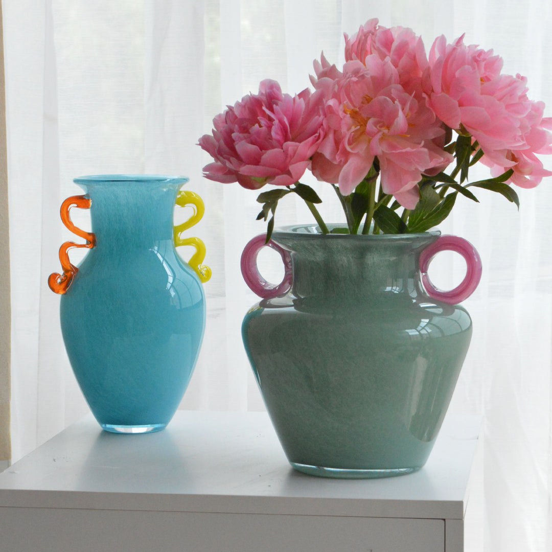 Hand-Blown Sculptural Double-Handled Glass Decorative Vase