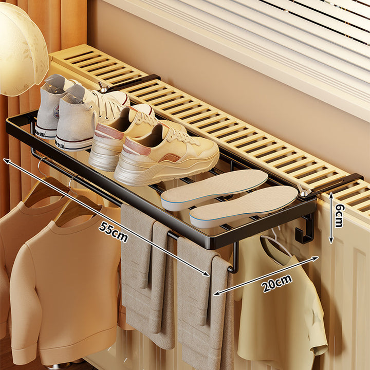 Radiator-Mounted Folding Drying Rack with Extendable Shoe Shelf and Multi-Hook Hanger