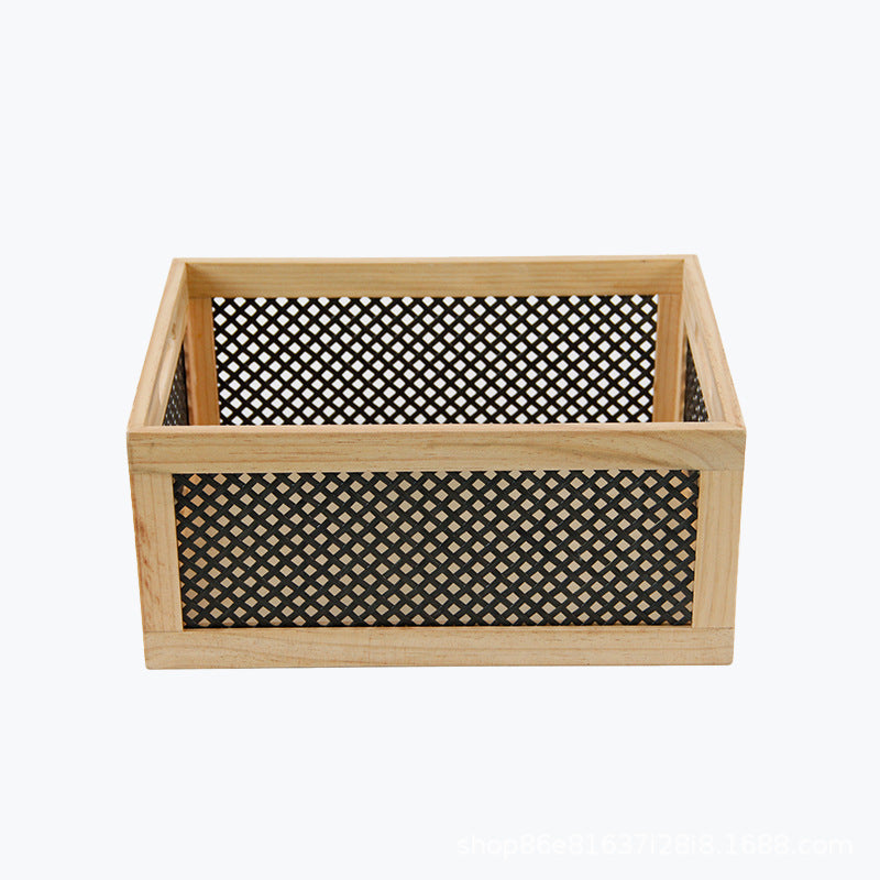 Wood storage box with decorative mesh elements