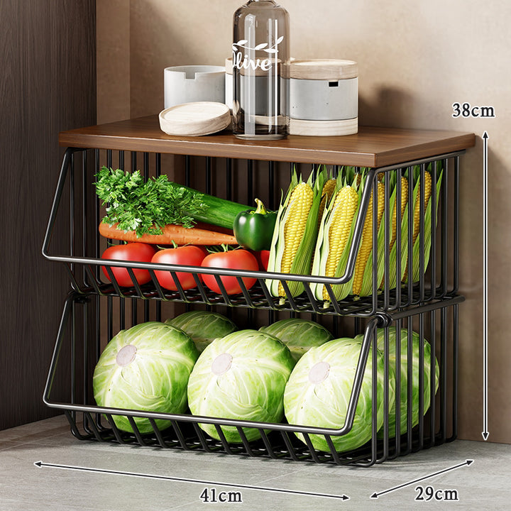 Slim Vertical Rolling Wire Produce and Pantry Organizer Cart with Wood Top