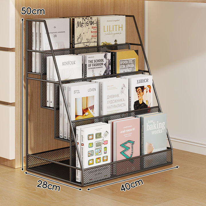 Angled Mesh Rolling Book and Magazine Display Rack with Slanted Shelves and Swivel Casters