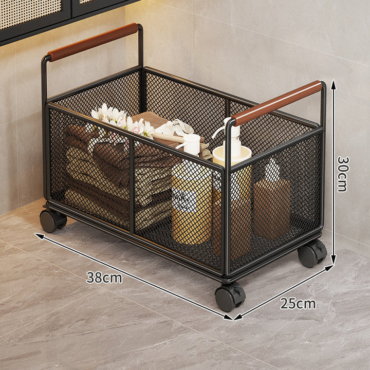 Rectangular Metal Mesh Countertop Storage Basket with Wooden Carry Handles