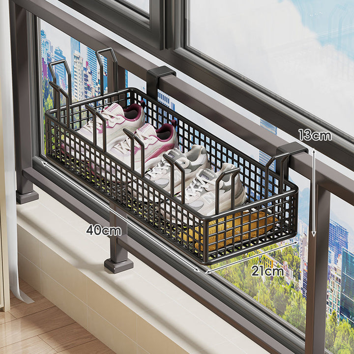 Hanging Balcony Two-Tier Shoe and Insole Organizer Rack with Mesh Baskets and Adjustable Hooks