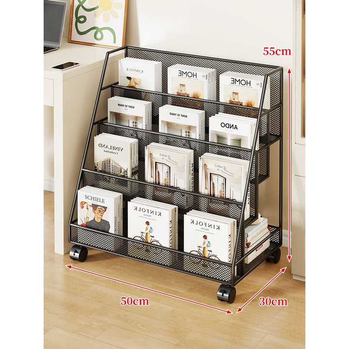 Angled Mesh Rolling Magazine and Book Display Shelf with Locking Casters