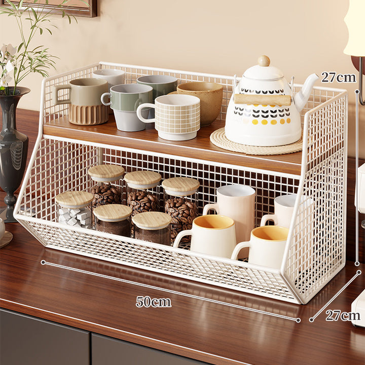 Two-Level Angled Wire Mesh Countertop Organizer with Wood-Effect Top Shelf and Front Drop Bins