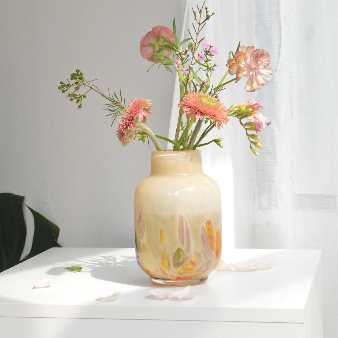 Hand-Blown Narrow-Mouth Decorative Vase with Marbled Inclusions