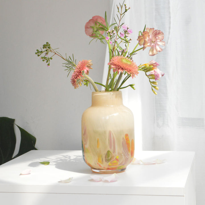 Hand-Blown Narrow-Mouth Decorative Vase with Marbled Inclusions