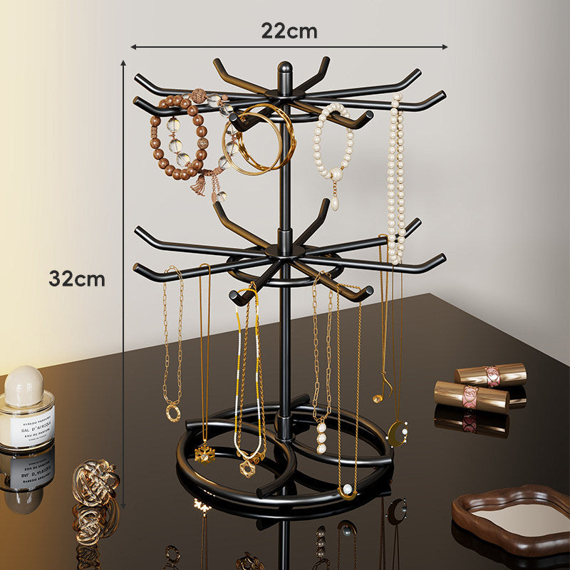 Rotating Tiered Jewelry Organizer Stand with Multi-Arm Hooks and Circular Ring Trays