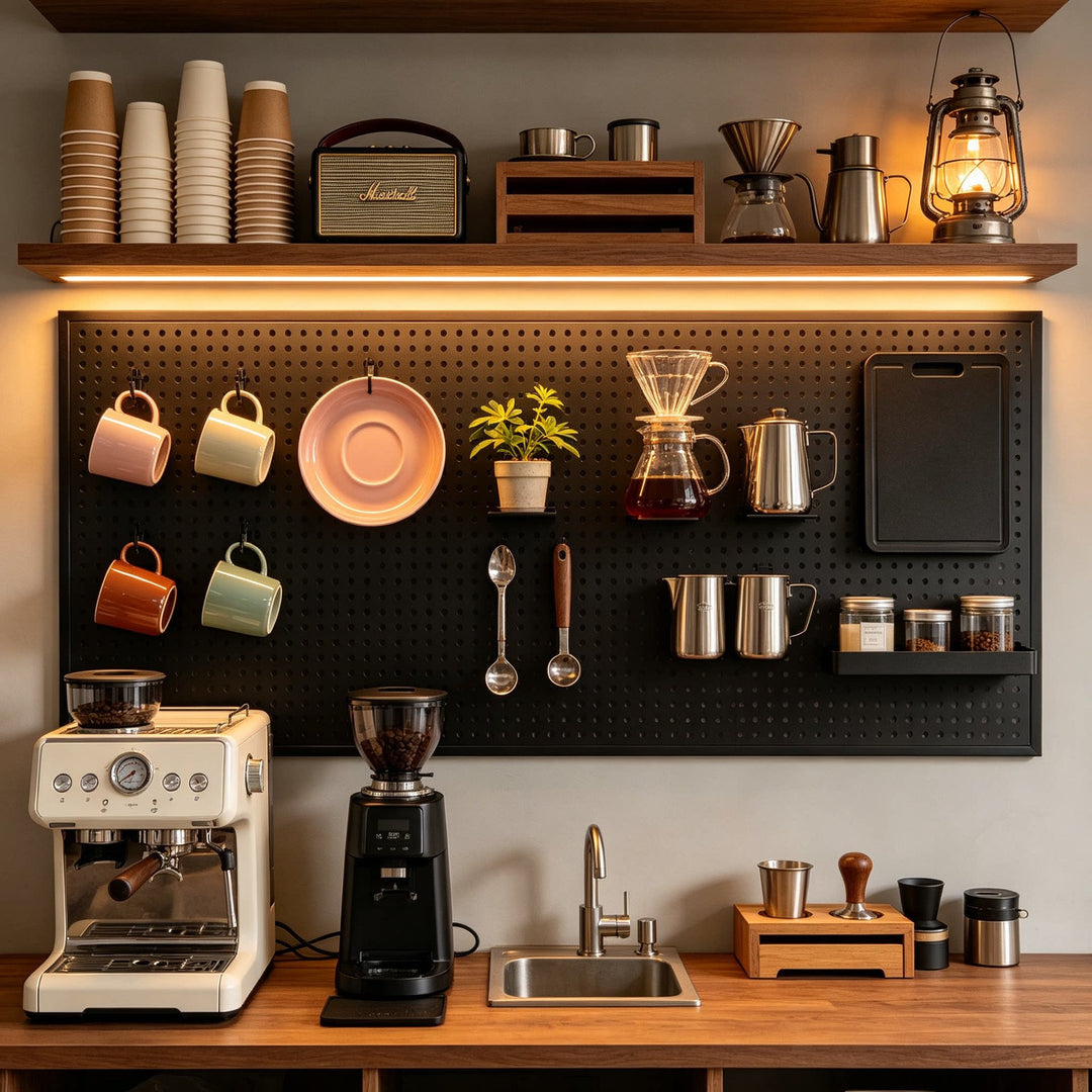 Heavy-Duty Wall-Mounted Perforated Steel Pegboard Tool Organizer with Modular Hooks and Shelf