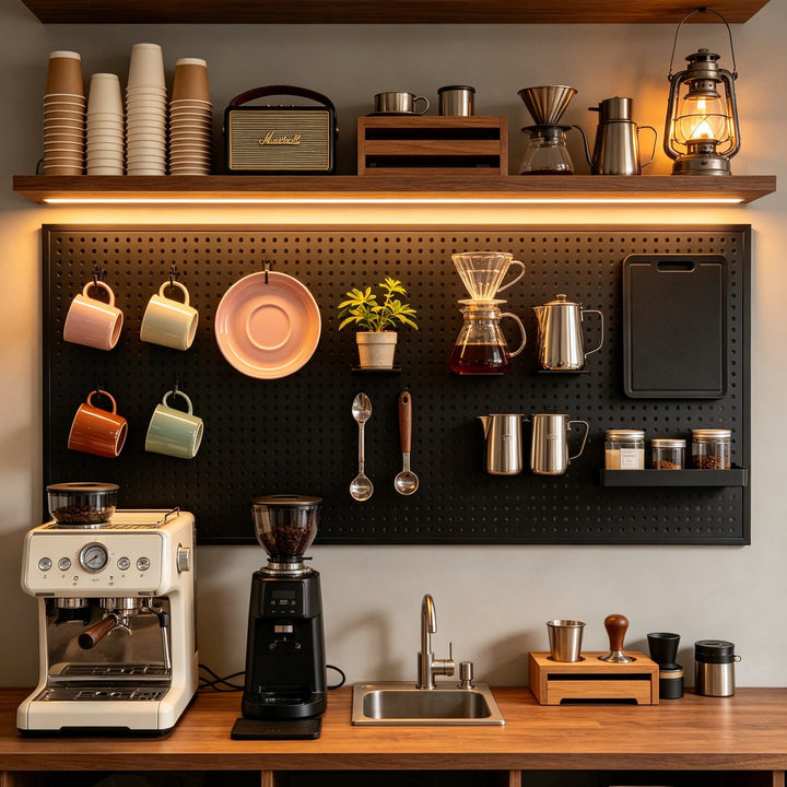 Heavy-Duty Wall-Mounted Perforated Steel Pegboard Tool Organizer with Modular Hooks and Shelf