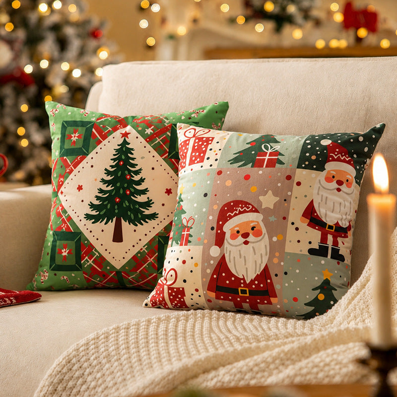 Christmas square decorative pillow with patchwork print and soft microfiber cover