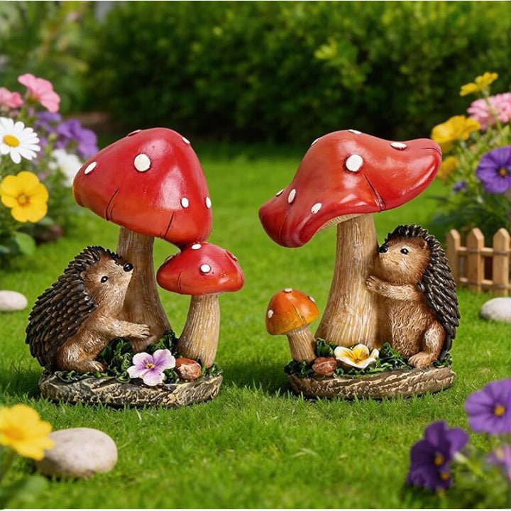 Cute decorative figure with hedgehog and fly agarics