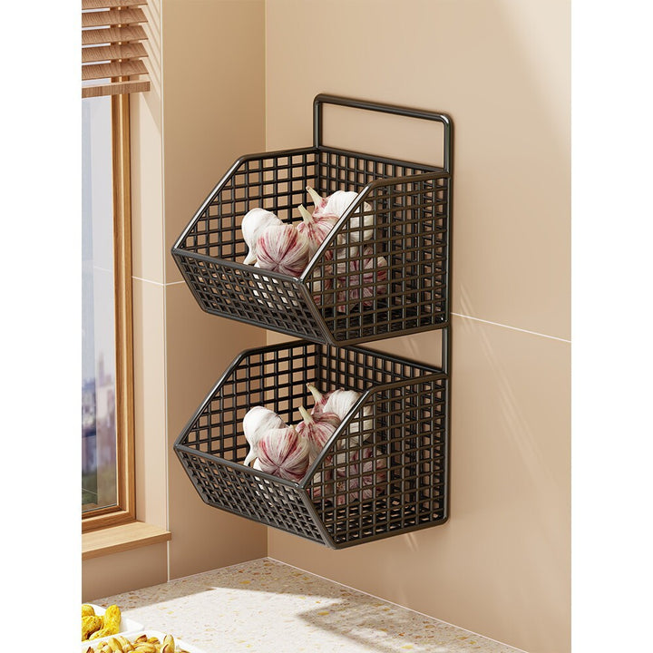 Wall-Mounted Double-Tier Grid Mesh Kitchen Storage Basket Organizer