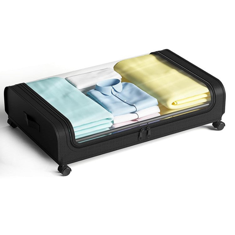 Storage box with wheels and transparent lid