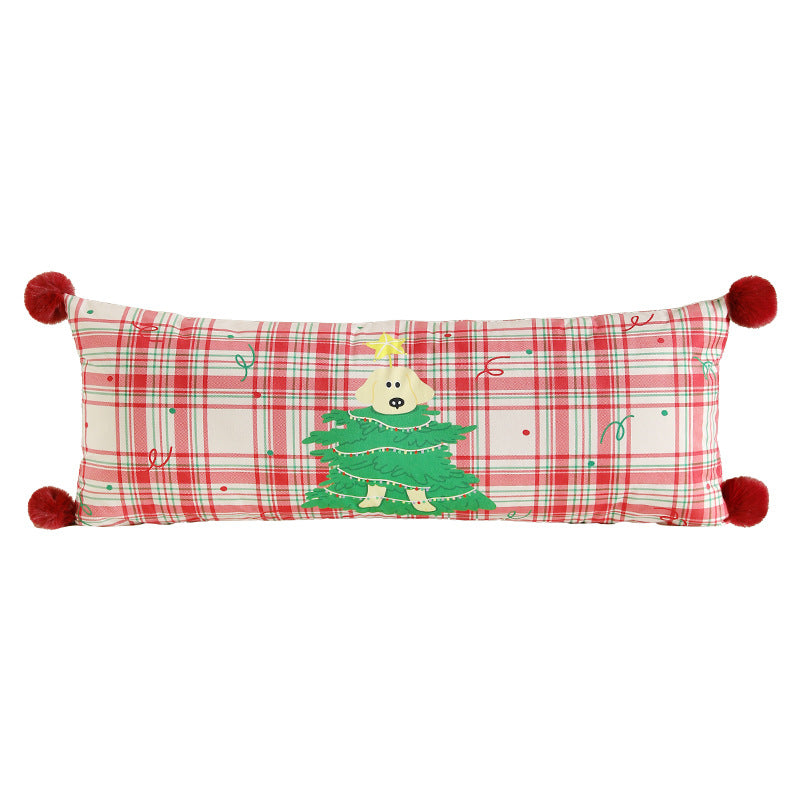Long neck and decorative cushion with check pattern, dog Christmas tree application and pompom
