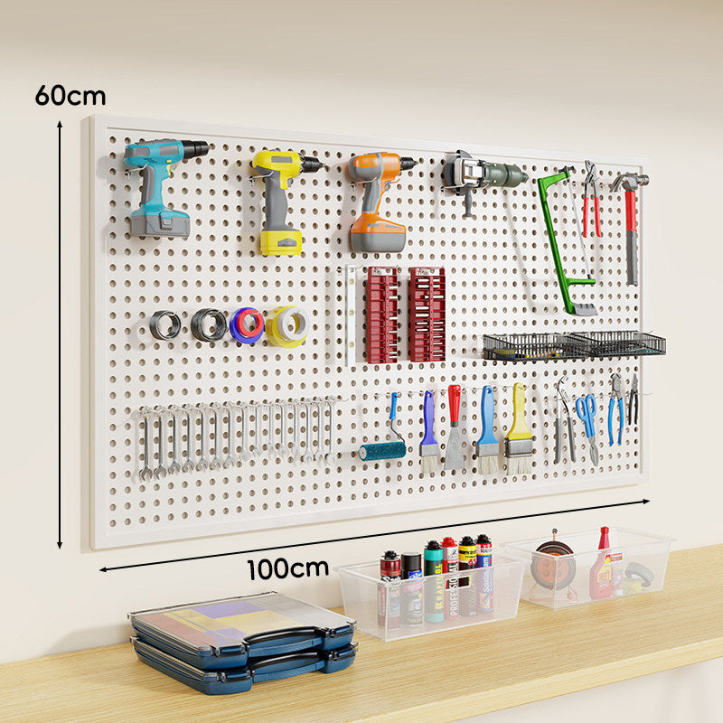 Wall-Mounted Perforated Metal Tool Pegboard Organizer Panel with Modular Hooks and Wire Baskets