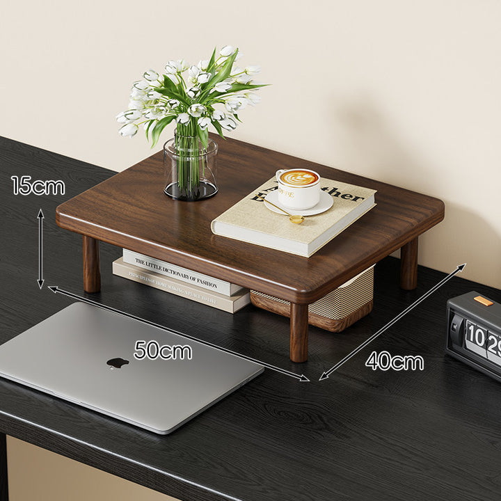 Compact Solid Wood Elevated Desk Display Stand with Under-Shelf Storage and Rounded Leg Design