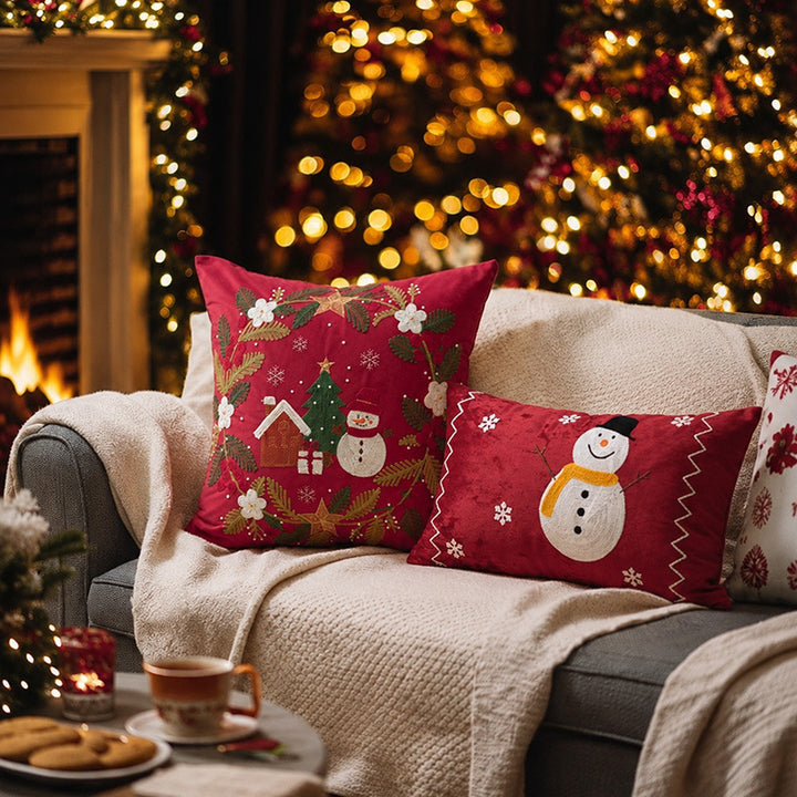 Embroidered Christmas decorative pillow cover with sequins and festive wreath motif