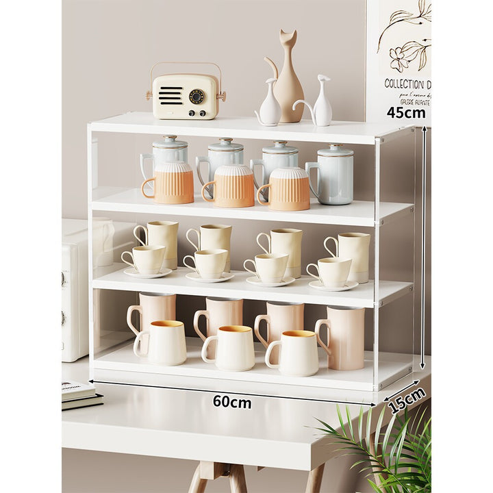 Multi-Level Bamboo-Style Countertop Kitchen Mug and Canister Organizer Shelf with Open Wood Shelves and Slim Metal Frame