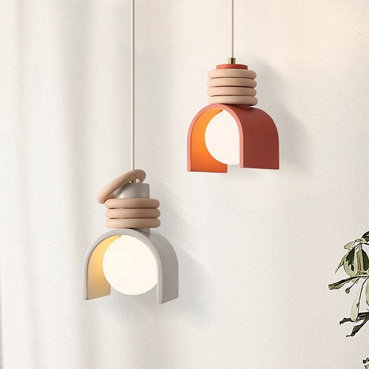 Scandinavian Arch-Shade pendant lamp with wood ring accents and frosted globe