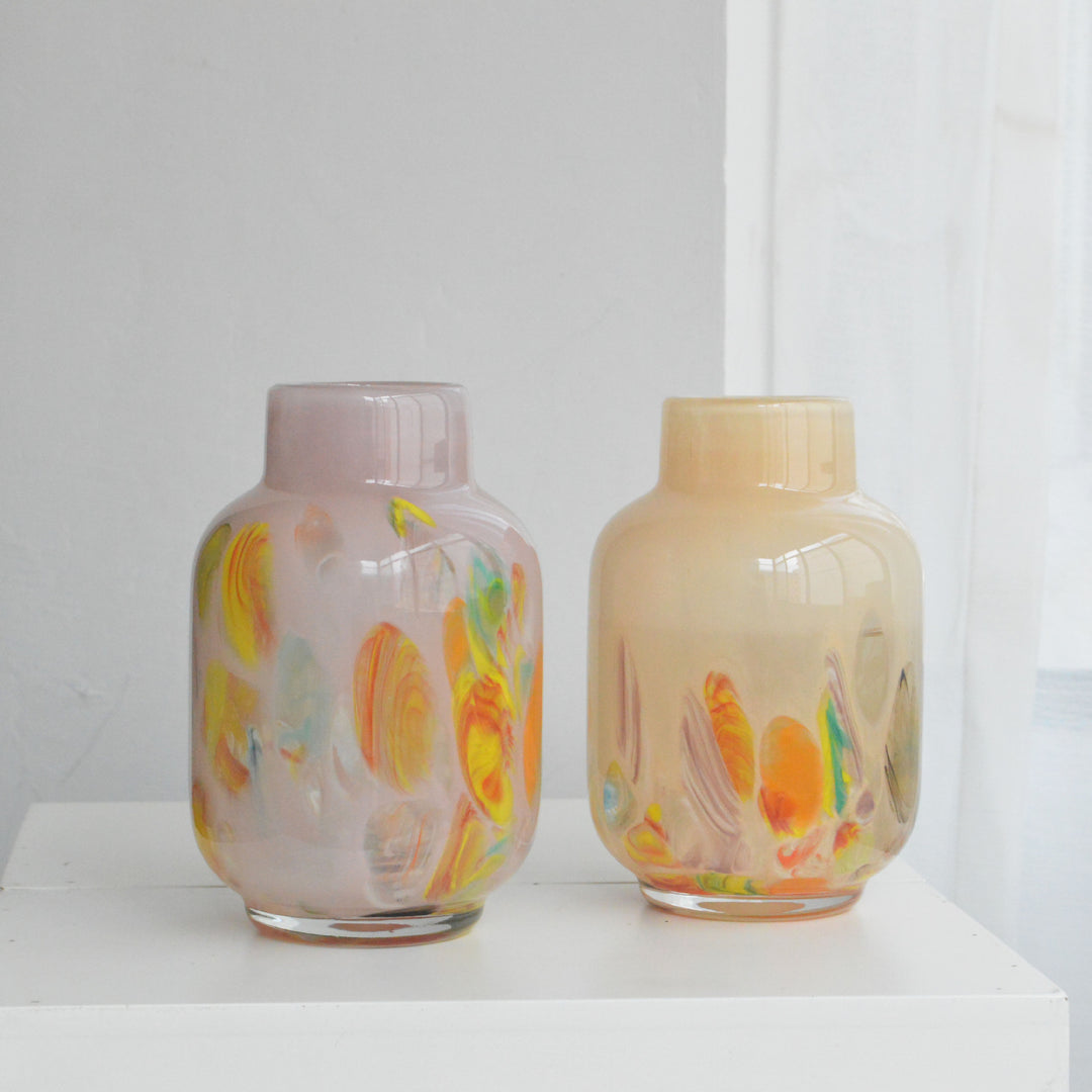 Hand-Blown Narrow-Mouth Decorative Vase with Marbled Inclusions