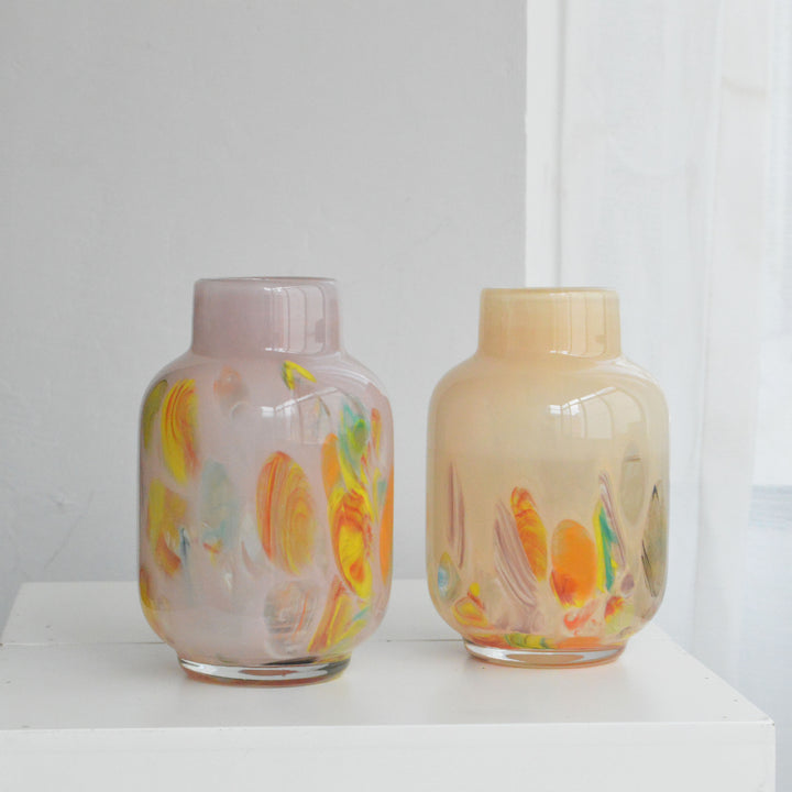 Hand-Blown Narrow-Mouth Decorative Vase with Marbled Inclusions