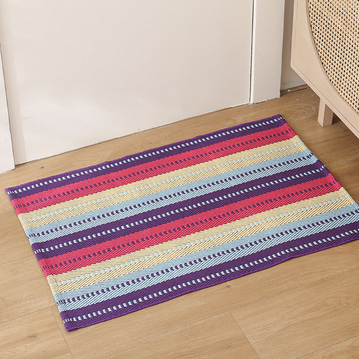 Striped cotton doormat with non-slip bottom and decorative woven edge
