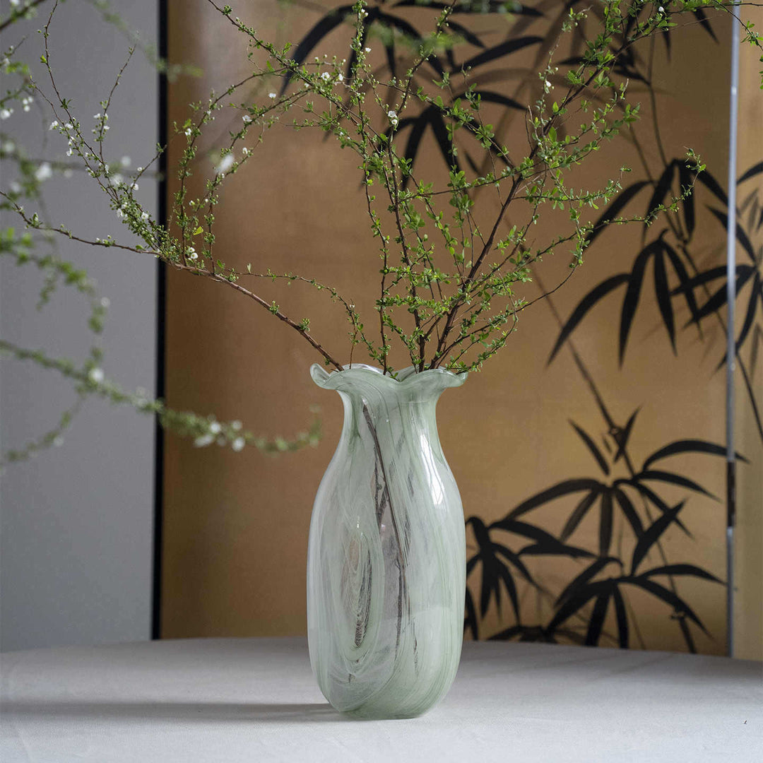 Hand-Blown Marbled Swirl Glass Ruffled-Rim Decorative Vase