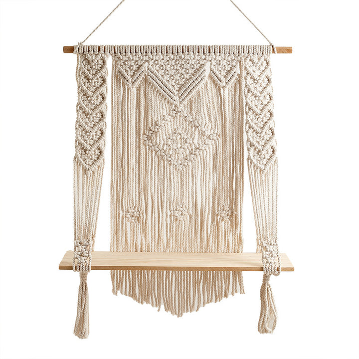 Macramé Wall Hanging Art with Wooden Shelf